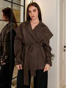 Bris Aura Manteau trench à manches longues de couleur unie pour femmes, automne/hiver - Marron - Voir 1