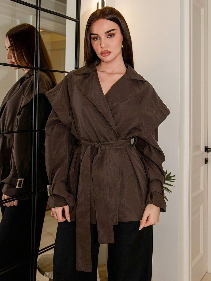 Bris Aura Manteau trench à manches longues de couleur unie pour femmes, automne/hiver - Marron - Voir 1
