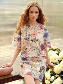 MOTF PREMIUM 2PCS WOMEN'S EMBROIDERED SHORT SLEEVE TOP AND SKIRT SET, SPRING/SUMMER - Apricot - View 6