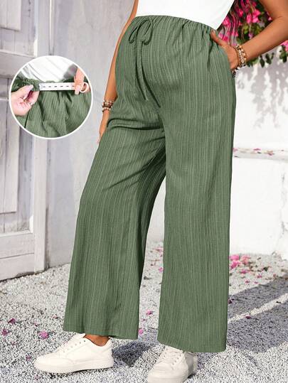 SHEIN بنطلون أمومة بلون أحادي قابل للتعديل في الخصر بجيب، فضفاض وعملي للارتداء اليومي