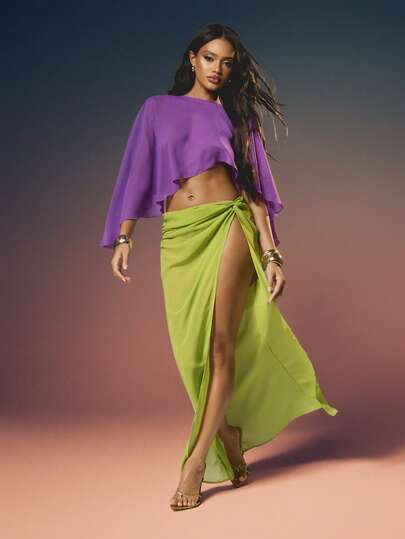 MISSGUIDED Draped Cape Top With Side Split Tie Maxi Skirt Two Piece Contrast Set For Evening Occasions
