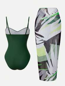 Swim Oasis Dark Green Summer Elegant Beach Holiday Women's Waist Gathered One-Piece Swimwear&Printed Cover-Up Dress Set, Casual Music Festival Party Outfits - Army Green - View 2