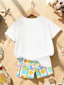 一套女童休闲度假夏季沙滩印花套装，清爽的棕榈叶贝壳图案T恤和短裤套装，沙滩度假必备，趣味热带印花，轻松透气的服装 - 白色 - 查看 2