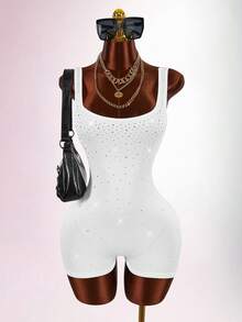 Amplova Women's Rhinestone Embellished Jumpsuit, Shiny Sparkly Backless Sexy Avant-Garde Party Jumpsuit Bodysuits For Ladies Body Fitting Dress Bodysuits For Women Tummy Control Club Outfits For Ladies - White - View 2