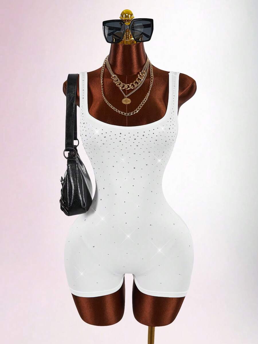 Amplova Women's Rhinestone Embellished Jumpsuit, Shiny Sparkly Backless Sexy Avant-Garde Party Jumpsuit Bodysuits For Ladies Body Fitting Dress Bodysuits For Women Tummy Control Club Outfits For Ladies