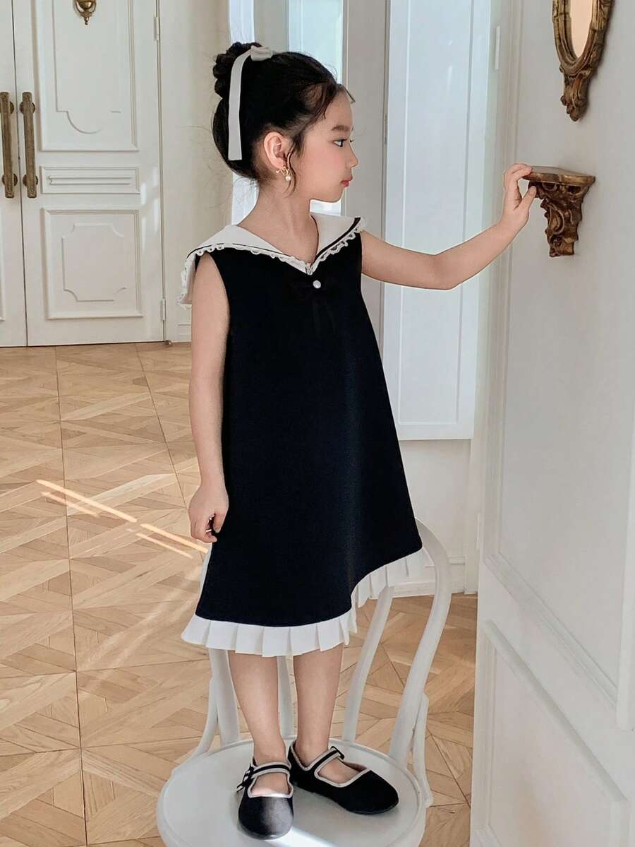 DAZY Vestido sin mangas con cuello azul marino, estilo francés, nueva llegada de verano, ropa de otoño para niñas jóvenes, vestido para niñas (pequeño) - Negro - Ver 1