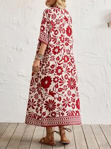 Breezaya 2026 Spring/Summer Vacation Style Casual Fusion Tropical Vibe Loose Fit Design, Featuring Relaxed Unstructured Silhouette, Floral & Retro Print Elements, Cardigan, V-Neck Fitted Dress, 2pcs Set In Red/White, 2pcs Set In Water Retro Print - Red and White - View 3