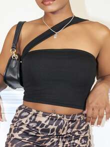 Steph T Summer TopsSolid One Shoulder Crop Top - Black - View 3