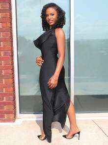 Steph T 女式围脖领口挂脖开衩下摆连衣裙长款女装 - 黑色 - 查看 4