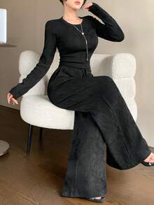 DAZY 女士黑色纯色基础款T恤和直筒休闲裤两件套，适合春、夏、秋季穿着 - 黑色 - 查看 7