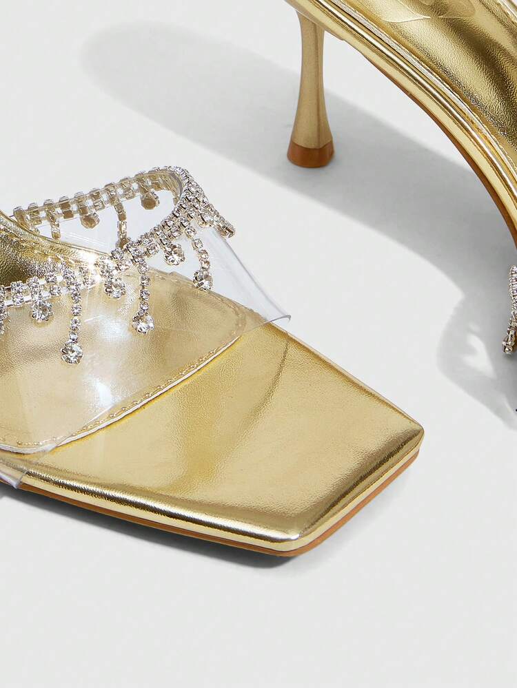 CUCCOO SZL Women Shoes Summer Square Toe Slender Heel Gold Transparent Film Rhinestone Chain Open-Toed Women's Sandals Sexy Fashion Gorgeous With Skirts Banquet Party Night Club Women's High Heel Sandals Slippers