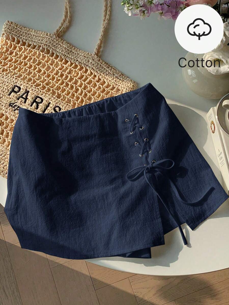 Comfortcana 女士休闲通勤简约纯色系带开衩短裙，夏季棉质半长裙，藏蓝色 - 藏蓝色 - 查看 1