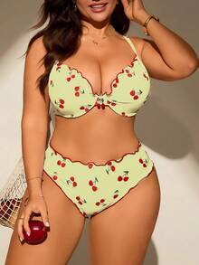 Swim Mod Plus Size Women 2pcs/Set Random Print Padded Tankini Swimwear Set - Light Yellow - View 1