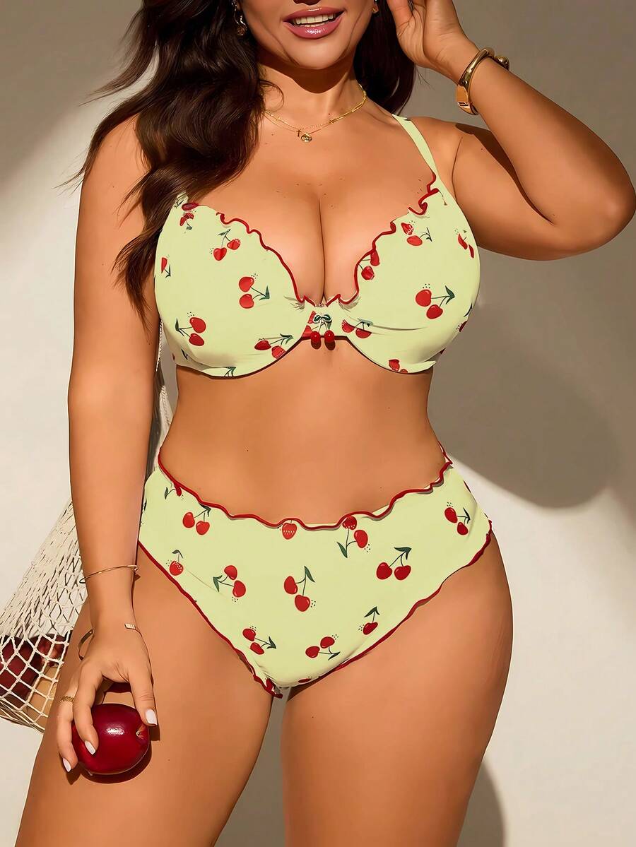 Swim Mod Plus Size Women 2pcs/Set Random Print Padded Tankini Swimwear Set - Light Yellow - View 1