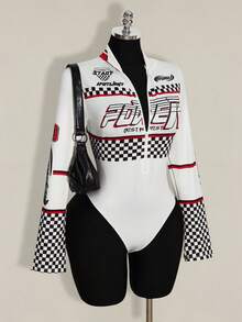 SHEIN ICON Áo liền thân cỡ lớn dành cho nữ, họa tiết kẻ caro kiểu xe đua, màu đỏ ôm sát. - trắng - Xem 9