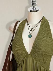 SHEIN ICON 加大码露背吊带黑色编织收腰A字连衣裙，适合夏季、度假、日常穿着、Y2K风格、暑假、返校季等场合。 - 軍綠色 - 查看 5