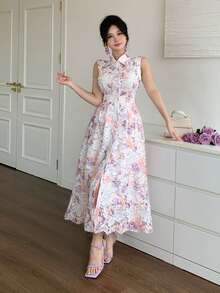 DAZY 女士优雅印花无袖中长连衣裙，带假口袋，夏季 - 淡紫色 - 查看 7