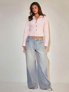 COSMINA 女士休闲前扣牛仔衬衫，修身腰部，长袖牛仔上衣，适合日常穿着和通勤，优雅牛仔上衣，秋冬牛仔上衣，春季牛仔上衣，休闲牛仔，灰色牛仔上衣，日常街头风格，秋季风格。 - 淺粉色 - 查看 4