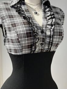 Elamini 女士休闲通勤校园风格子拼接V领荷叶边下摆连衣裙 - 黑色 - 查看 4