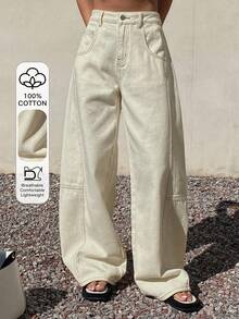 Livesso 女士休闲街头风宽松百搭牛仔裤 - 白色 - 查看 1