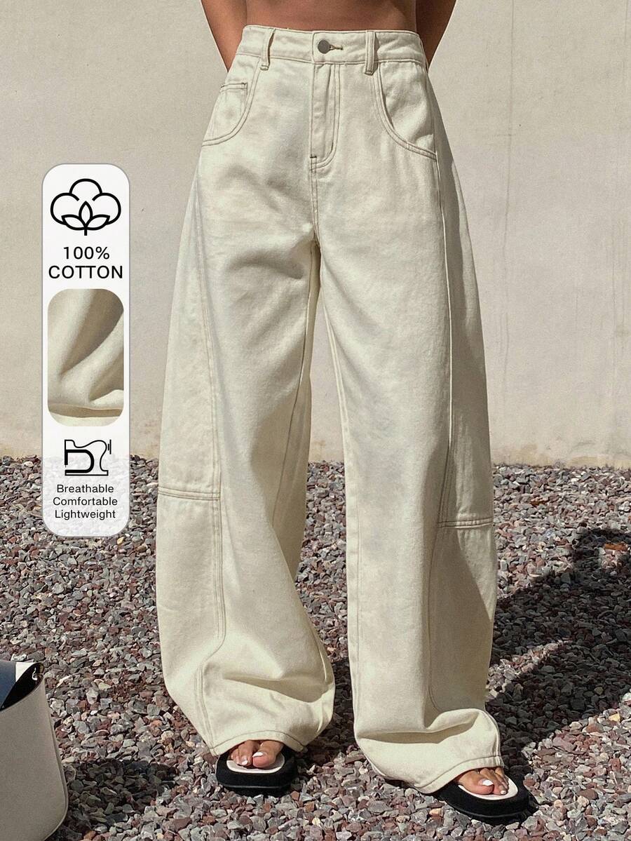 Livesso 女士休闲街头风宽松百搭牛仔裤 - 白色 - 查看 1