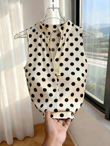 SHEIN Franclia 女士休闲无袖波点印花V领衬衫，女士上衣，女士背心，波点，复古，日常，夏季，度假 - 杏色 - 查看 2