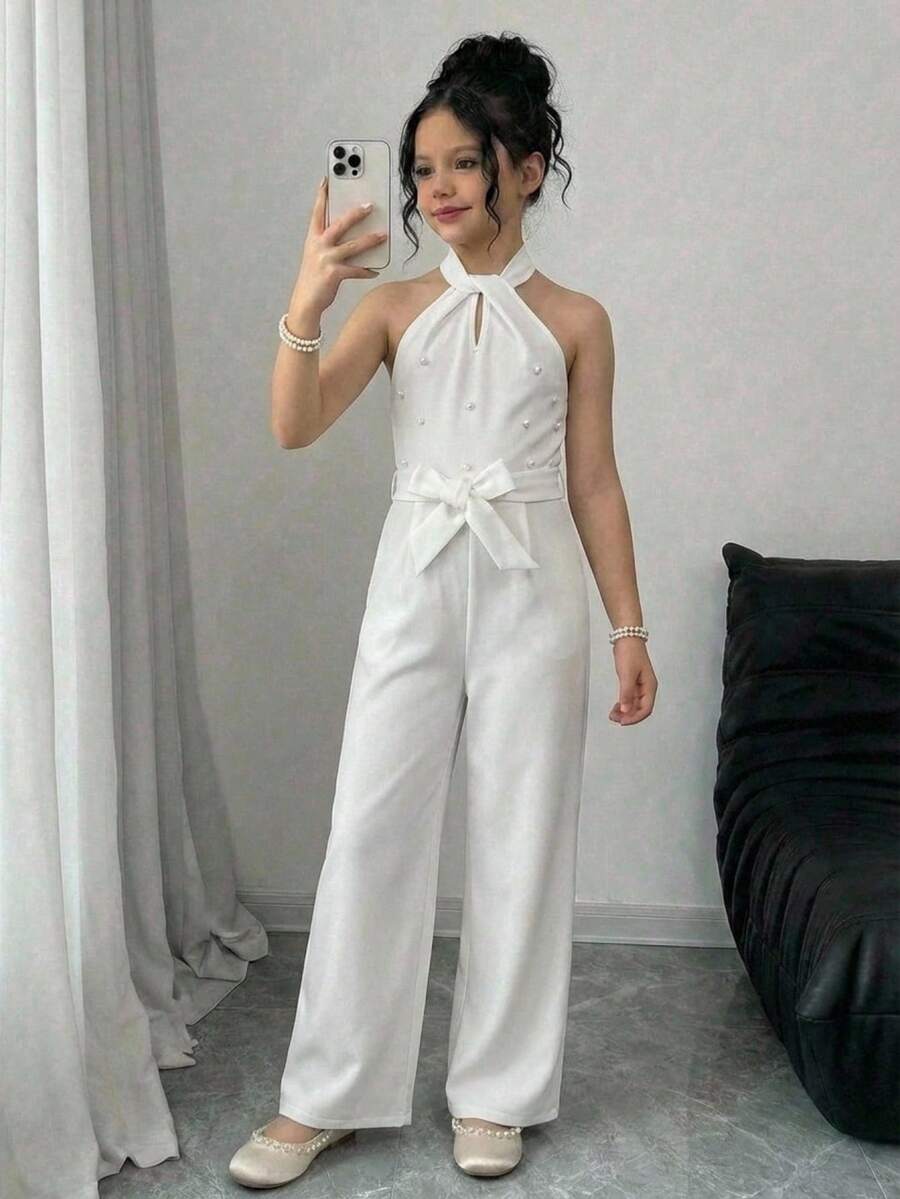 SHEIN 少女春夏休闲优雅修身扭结串珠腰连体裤，白色 - 白色 - 查看 1