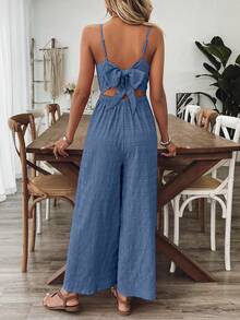Breezaya Women's V-Neck Backless Bowknot Strap Jumpsuit, Rose Red, Spring/Summer - Blue - View 2