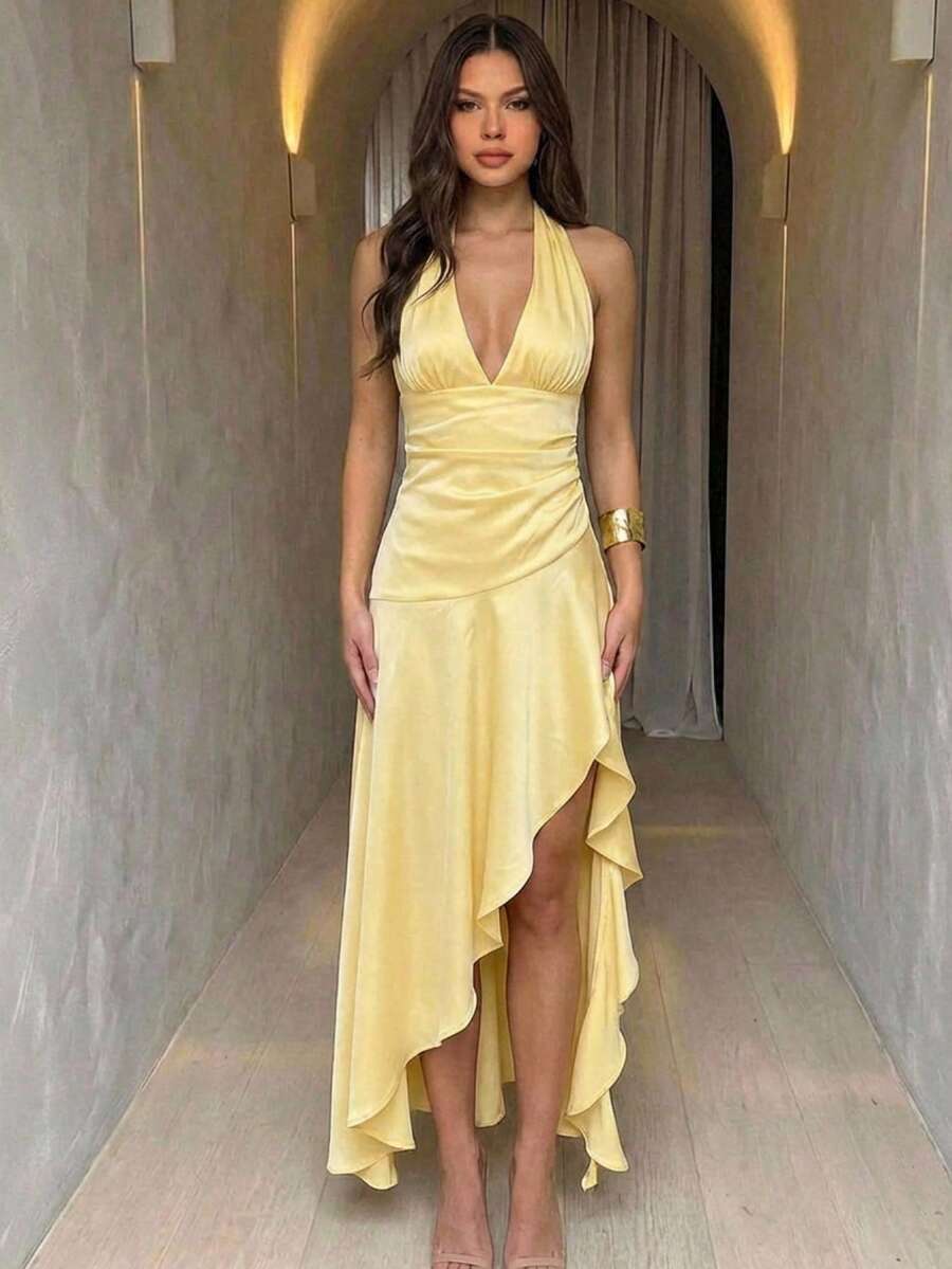 Aloruh 女士纯色深V领侧开衩下摆性感连衣裙