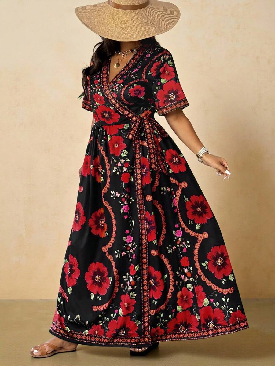 Vionelle Plus Size Women's New Elegant Spring/Summer Vacation Dress, Cardigan With Tie Belt, Digital Floral Print Maxi Dress, Loose Flowy Casual Short Sleeve Dress, Suitable For Outerwear, Vacation, Travel, Bohemian Style Elegant Plus Size Red Floral Print Long Boho Wrap Dress With V Neck Short Batwing Sleeves For Women,
