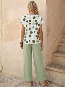 EMERY ROSE 两件套女士几何印花短袖上衣和阔腿裤 - 綠色 - 查看 3