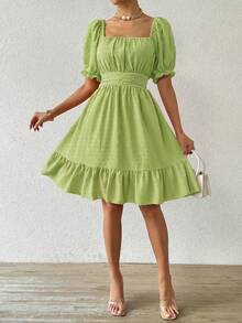 Glamine Charm 瑞士圆点系带露背荷叶边下摆女工连衣裙度假沙滩装女装 - 淺綠色 - 查看 4