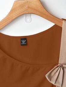 GlowEve CURVE 大码女式休闲蝴蝶结撞色装饰短袖T恤 - 棕色 - 查看 4