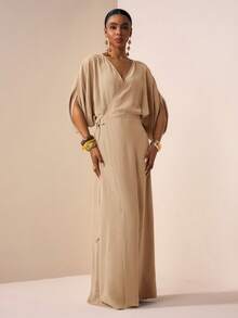 Zivah 2026春夏新款V领短袖腰部系带金属装饰开衩亚麻长裙，黄绿色，适合音乐节、复活节、圣帕特里克节、情人节、约会、西部风情、游牧风、生日派对、毕业典礼、校园、日常穿着、休闲、度假、邮轮、海滩、日光浴、潮流、街头风、婚礼宾客、通勤、早午餐、机场、派对、假日郊游、办公室等场合。女士裹身连衣裙，适合办公室穿着。Ycv9w 女士连衣裙工作服折扣码。 - 杏色 - 查看 5