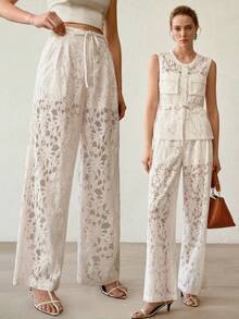 MOTF PREMIUM Quần dài nữ thanh lịch, cạp cao, khoét lỗ, chất liệu ren hoa. - trắng - Xem 2