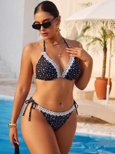 Swim Mod Traje de baño de 2 piezas con estampado floral, tirantes finos, escote halter con volantes, sexy para playa y vacaciones, tallas grandes