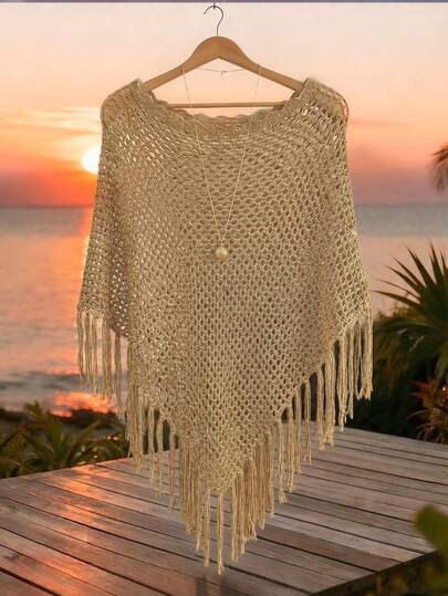Franclia New Summer Asymmetrical Shoulder Hollow Casual Bohemian Style Tassel Hem Pullover Sweater, Loose Vacation Vibe, Versatile For Leisure & Daily Wear Poncho Top Crochet Tops For Women Fringe Tops For Women Crochet Cover Up Knitted Cover Up