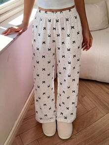 Girls' Long Wide-Leg Pants With Black Bow Print, Elastic Waist Design, Fresh And Cute Style Girls Summer Wide Legs Pants Pants With Bows Girl Wide Pants Bow Pants - Apricot - View 8