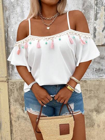 Breezaya Plus Size Solid Color Fringe Splice Off-Shoulder Casual Vacation Blouse For Women, Spring/Summer Boho Summer Tops Cold Shoulder Blouse Tassel Top Summer Casual Tops White Boho Top Summer Cute Tops