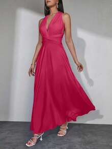 EURMUSE Solid Color Asymmetrical Collar Pleated Crossover Wrap Sleeveless Dress - Hot Pink - View 3