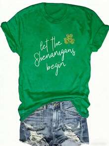 EMERY ROSE 大尺碼女款聖帕翠克節 Let Shenanigans Begin 圖案 T-shirt，鼠尾草綠夏季休閒深綠色短袖圓領三葉草設計上衣 - 綠色 - 查看 1