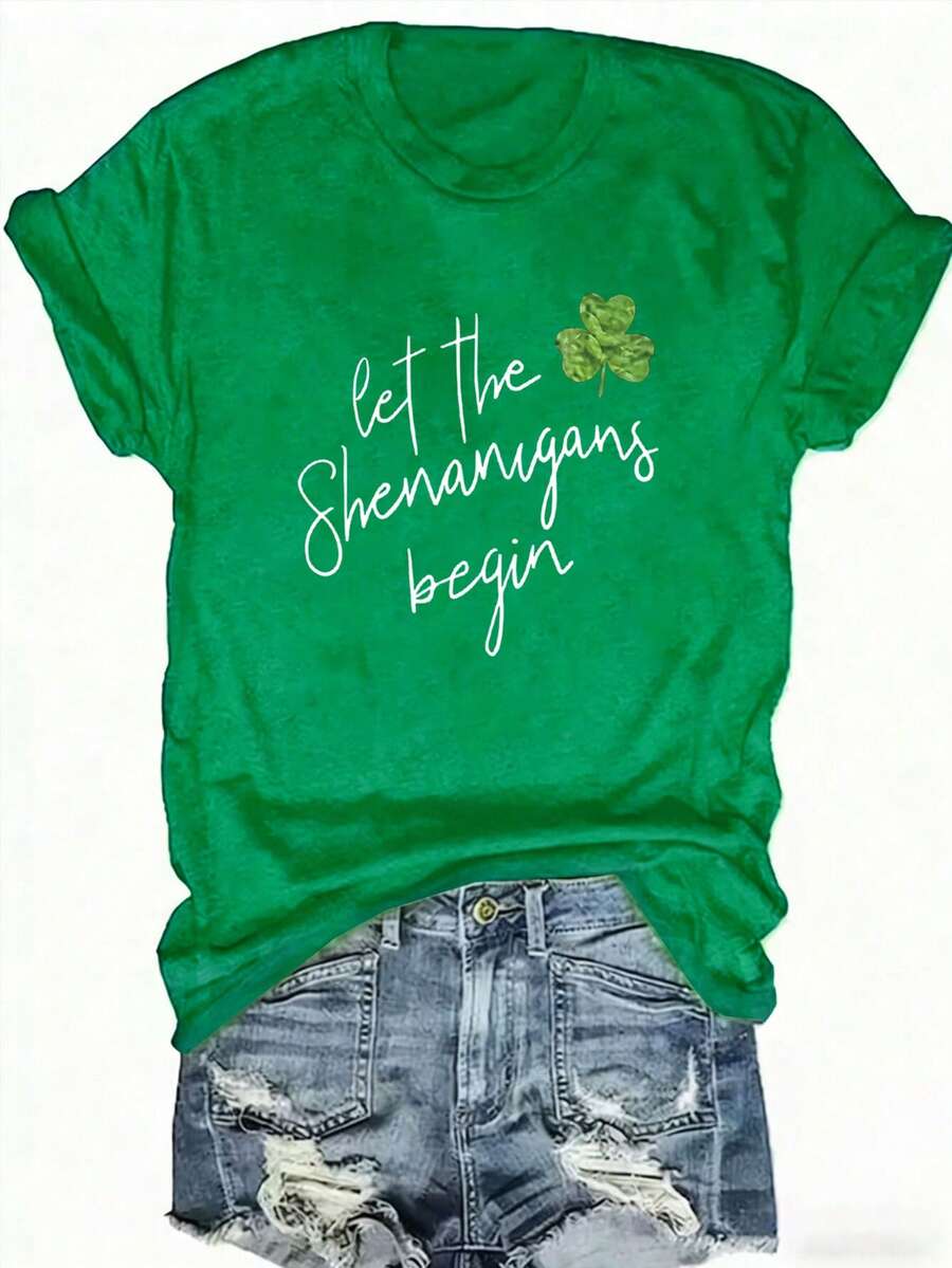 EMERY ROSE 大尺碼女款聖帕翠克節 Let Shenanigans Begin 圖案 T-shirt,鼠尾草綠夏季休閒深綠色短袖圓領三葉草設計上衣 - 綠色 - 查看 1