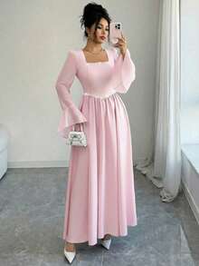 SHEIN Elenzya 女士粉色新款方领珍珠装饰A字腰部喇叭袖甜美浪漫优雅约会派对正式长裙 - 粉色 - 查看 4