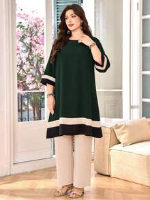 Lacomfia Plus Size Women Striped Round Neck 3/4 Sleeve Top And Pants Casual 2 Pieces Set - Army Green - View 6