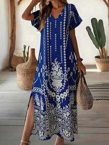 EMERY ROSE Plus Size Women's Casual Short Sleeve Printed Dress For Daily Wear Maxi Women Outfit - Blue - View 1