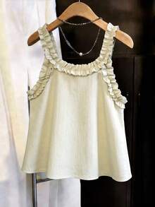 Franclia Women's Ruffled V-Neck Textured Loose Fit Tank Top, Suitable For Daily Wear, Vacation And Travel, Spring/Summer - Apricot - View 2