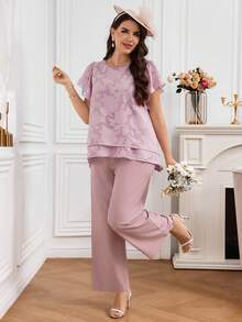 EMERY ROSE Plus Size Women's Purple Pink Cutout Short Sleeve Blouse And Wide Leg Palazzo Pants, Summer Elegant 2 Pieces Set Wedding Formal Wedding Guest Outfit - Dusty Pink - View 3