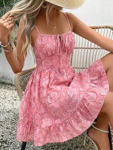 Serisse Women's Pink Floral Embroidered Tie Front Spaghetti Strap Mini Dress,Summer Boho Seductive Night Out Holiday Sundress,Twist Ruched Sequin Party Dress - Pink - View 6