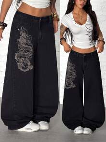 StreetHx Women's Button Pocket Dragon Print Casual Versatile Low-Waist Jeans For Daily Wear - Black - View 1