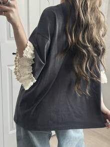 FRIFUL Áo kiểu nữ dáng rộng thoải mái, phối màu, chất liệu ren xuyên thấu, tay ngắn, in chữ, đa năng cho mùa xuân/hè. - Xám - Xem 6